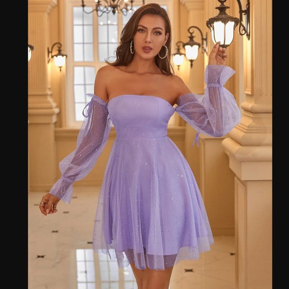 ⭐NEW, CHIC** - Lavender Off-Shoulder Flounce Sleeve Mesh Dress | OFFERS WELCOME! - Picture 5 of 6